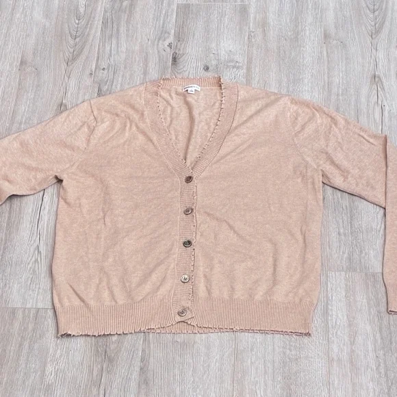 Minnie Rose Cotton Cashmere Frayed Cream Cardigan Sweater - Picture 2 of 8